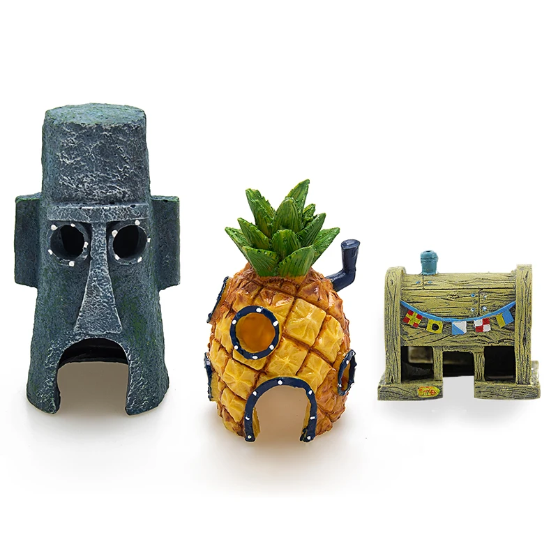 

Aquarium Decoration Resin SpongeBob & Squidward Pineapple House Decor Artificial Fish House Shrimp Nest Cave Fish Tank Ornament