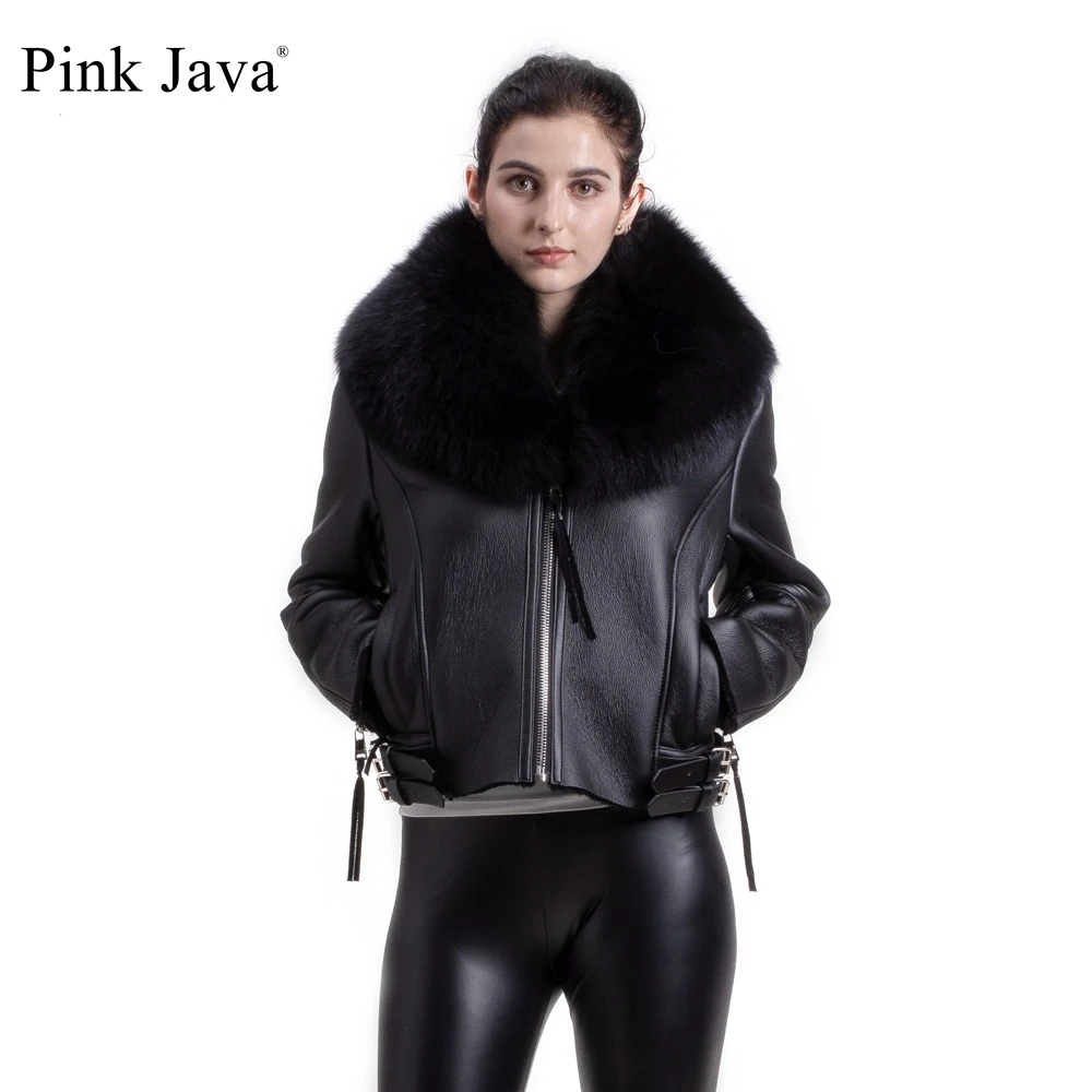 

pink java QC8088 2017 new free shippig women real merino sheep fur jacket big genuine fox fur collar jacket PU leather coat