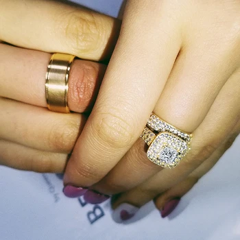 

925 Sterling Silver gold color Couple Wedding Ring Set for Bridal Women and men Finger couple pair Jewelry LR4961