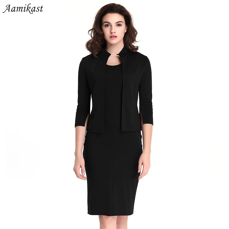 

AAMIKAST 2019 Autumn Winter Women Dress Hot Sale Black Cotton Celeb 2 PCS Vintage Pencil Bodycon Dress E0474