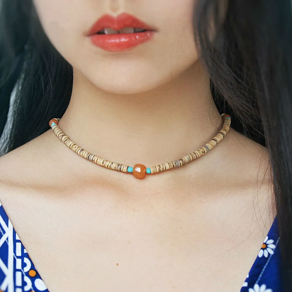 

Pure Natural Wood Beads Natural Stone Necklace for Women Gifts Sweet Retro Collar Clavicle Chain Simple Necklace
