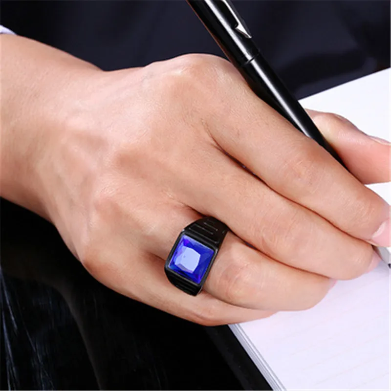 Модное мужское кольцо из черной нержавеющей стали, большое мужское кольцо с геометрическим рисунком и синим камнем, мужские вечерние ювелирные изделия в стиле хип-хоп, Размер 7-10