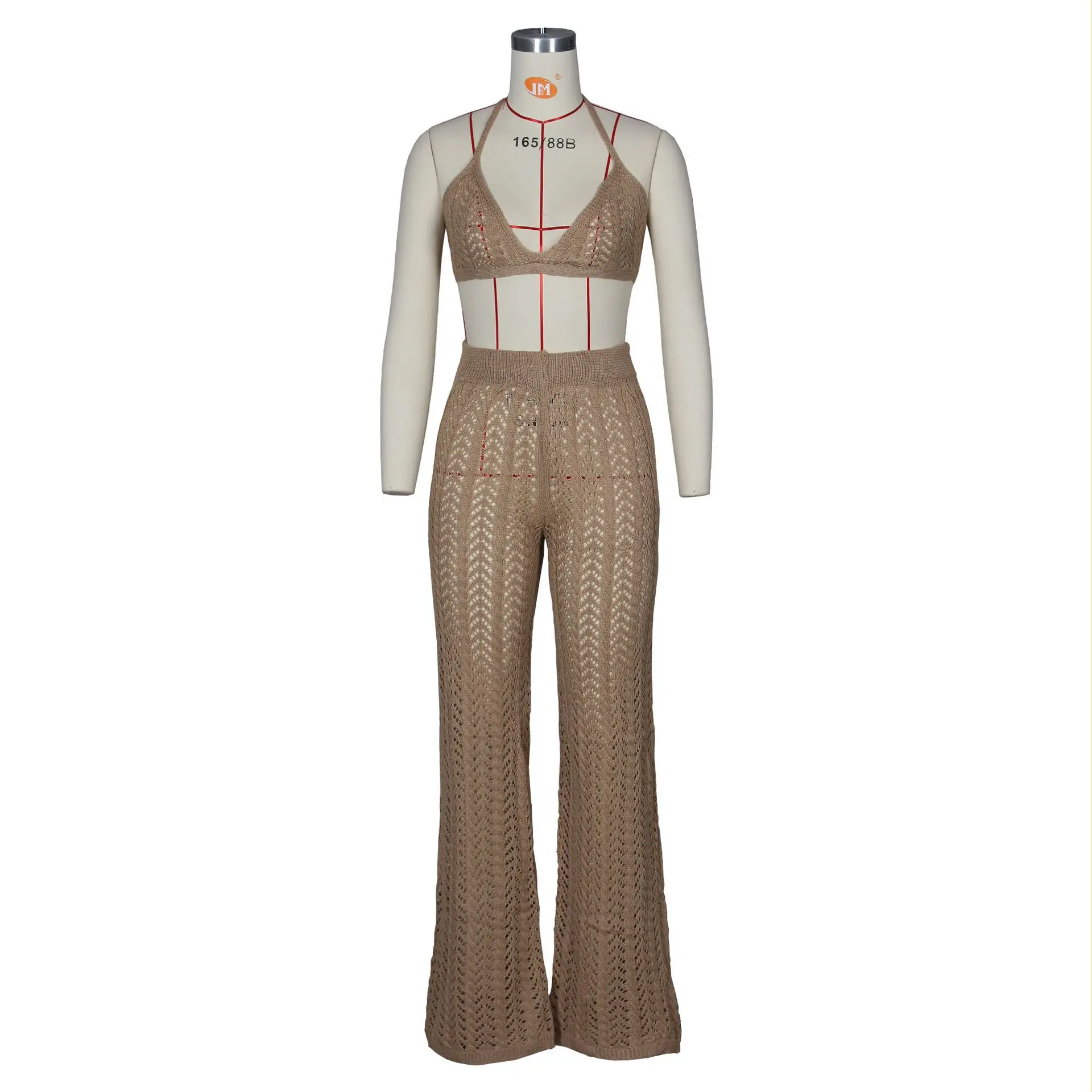 Женский модный вязаный сетчатый полый перспективный костюм из двух предметов с перекрестными границами Лидер продаж
