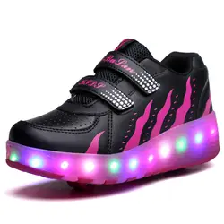Модные Для мужчин и женская обувь с подсветкой ультра-легкий шкив Обувь Кнопка автоматического Troller коньки Обувь