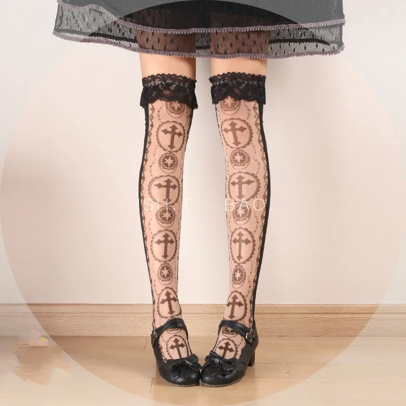 

Princess gothic lolita stocking Japan original HARAJUKU black lace cross glass Black cross straps stockings Halloween CTW300
