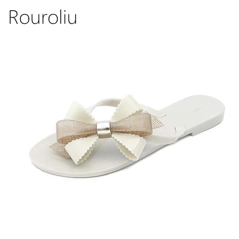 Rouroliu/женская простая модная обувь для мальчика, для путешествий, смешанные цвета, удобные нескользящие Вьетнамки с бантом для женщин, RB264