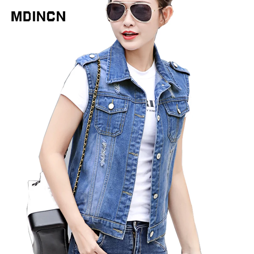 

MDINCN Spring Autumn Women Denim Jacket Vintage Cropped Short Denim Coat Sleeveless Slim Jeans Coat For Women