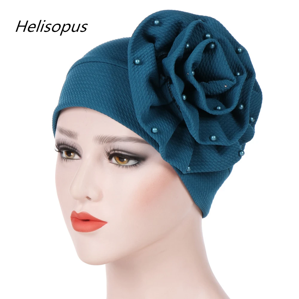 

Helisopus 2018 Fashion Women Big Flower Turban Beading Hat Elastic Hijabs Muslim Turbante Hair Loss Cover Accessories
