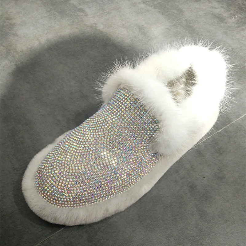 

SWYIVY Fox Fur Snow Boots Woman Rhinestone Winter 2018 Luxury Plush Flat Shoes Flat Lady Winter Warm Shoes Comfortable Snowboots
