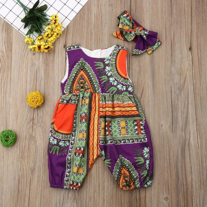 

2019 Newest Bohemian Toddler Kids Girl Bloomers Jumpsuits Ethnic Style Baby Girl Overalls Kids Summer Clothes Free headband