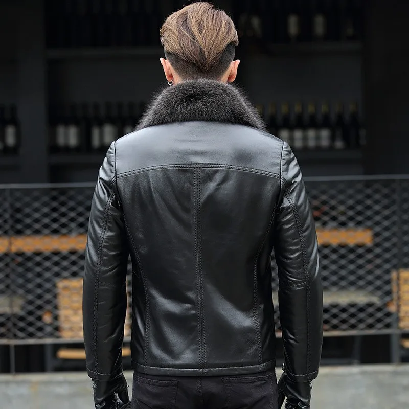 Роскошная Высококачественная Мужская зимняя куртка из натуральной кожи, зимняя меховая подкладка, теплое пальто, норковый меховой воротник, пальто, мотоциклетная куртка