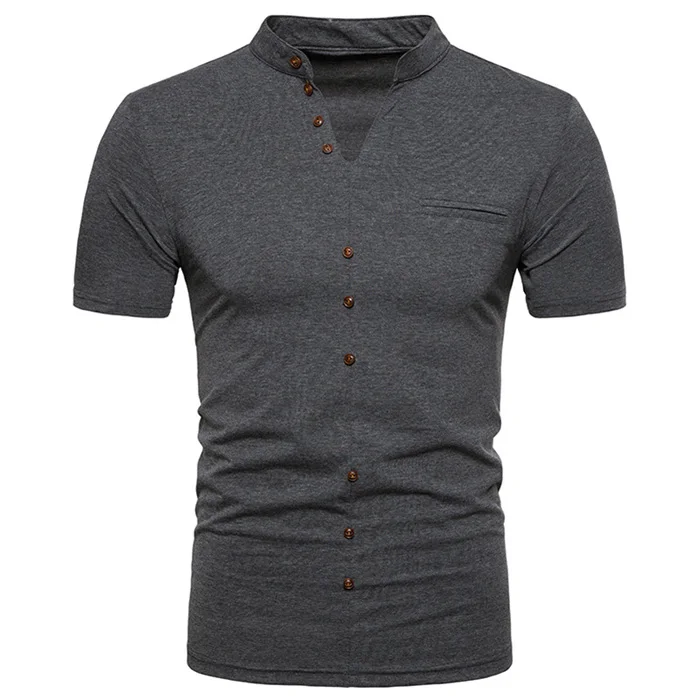 Мужская хипстерская Приталенная футболка Хенли с коротким рукавом, новинка, брендовая Классическая футболка с v-образным вырезом, Мужская однотонная Базовая футболка, Homme 2XL - Цвет: Dark  Gray
