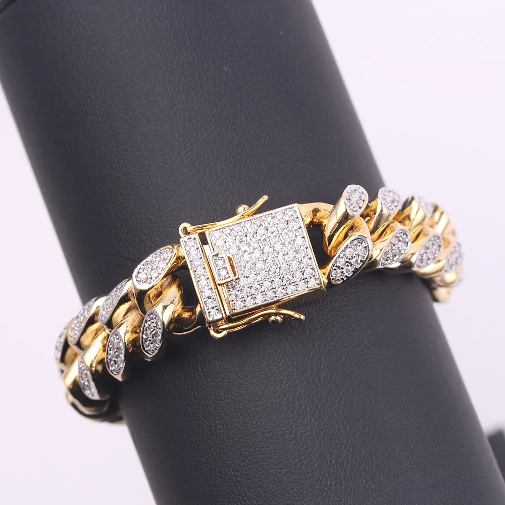 

Hip Hop Men's Chunky Iced Zircon Miami Cuban Link Bracelet Bling Jewelry Gold Cuban Chain Charm Rock Bracelet Jewelery 20cm 14mm