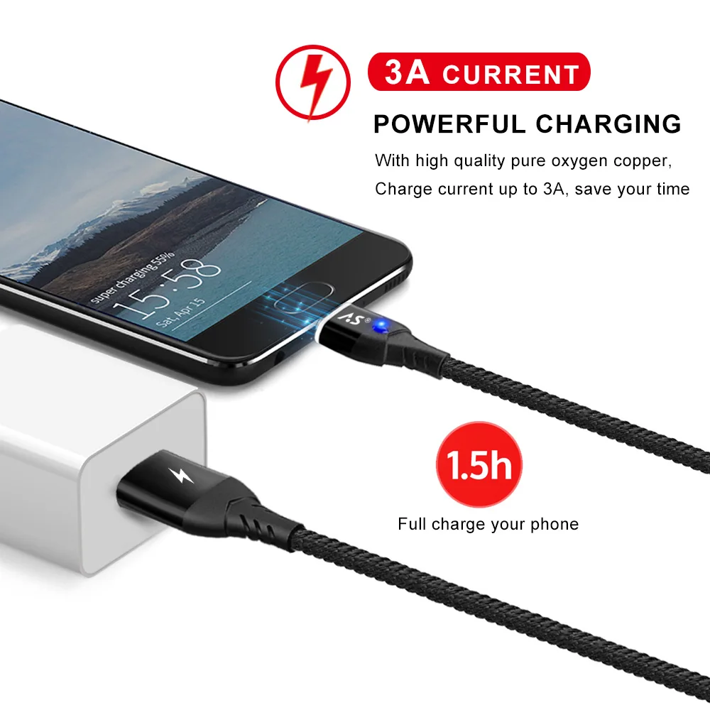 A.S 3A LED магнитное зарядное устройство USB кабель для передачи данных iPhone Micro Type C