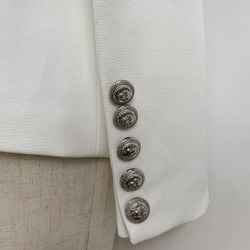 Высокое качество ткани дизайнер для женщин блейзер двубортный серебряные пуговицы Пряжка Белый Оранжевый офисные женские пиджаки