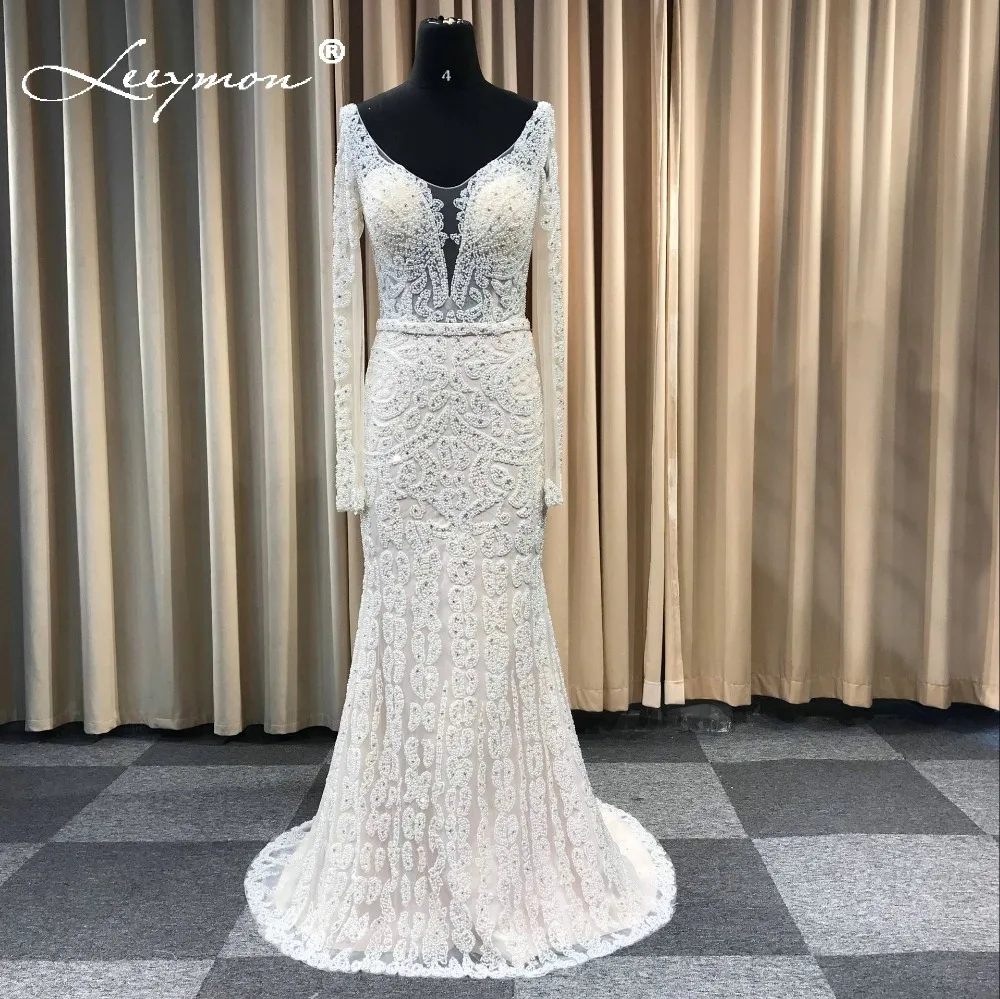 

New Luxury Full Beaded Wedding Detachable Train Floor Length Brides Gowns Dress Robe De Mariage