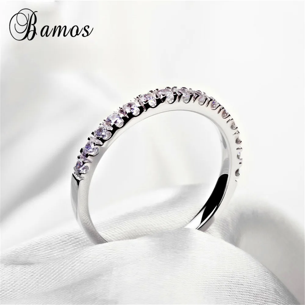 

Bamos Simple & Fashion Single Row Female 925 Silver Filled Wedding Jewelry Round White Zircon Birthstone Rings For Women HR066