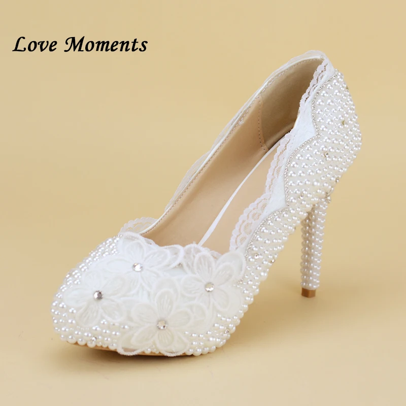 White Lace Women Plus Size High Heel Wedding Shoes Bride Crystal