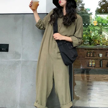 

Women Linen Loose Plus Size Shirt Playsuit with Buttons Female Casual Suit Long Sleeve Long Jumpsuit Rompers