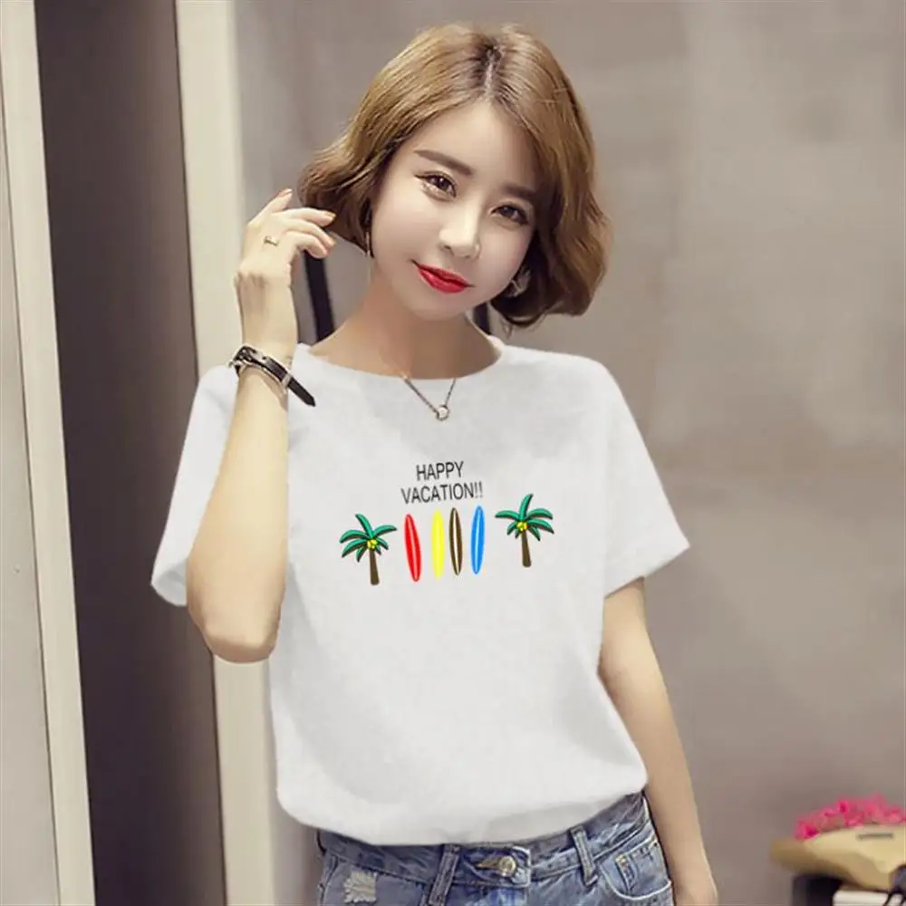 Летняя женская новая модная повседневная футболка с короткими рукавами и принтом в виде мультяшных букв в стиле Харадзюку, S-2XL - Цвет: 11