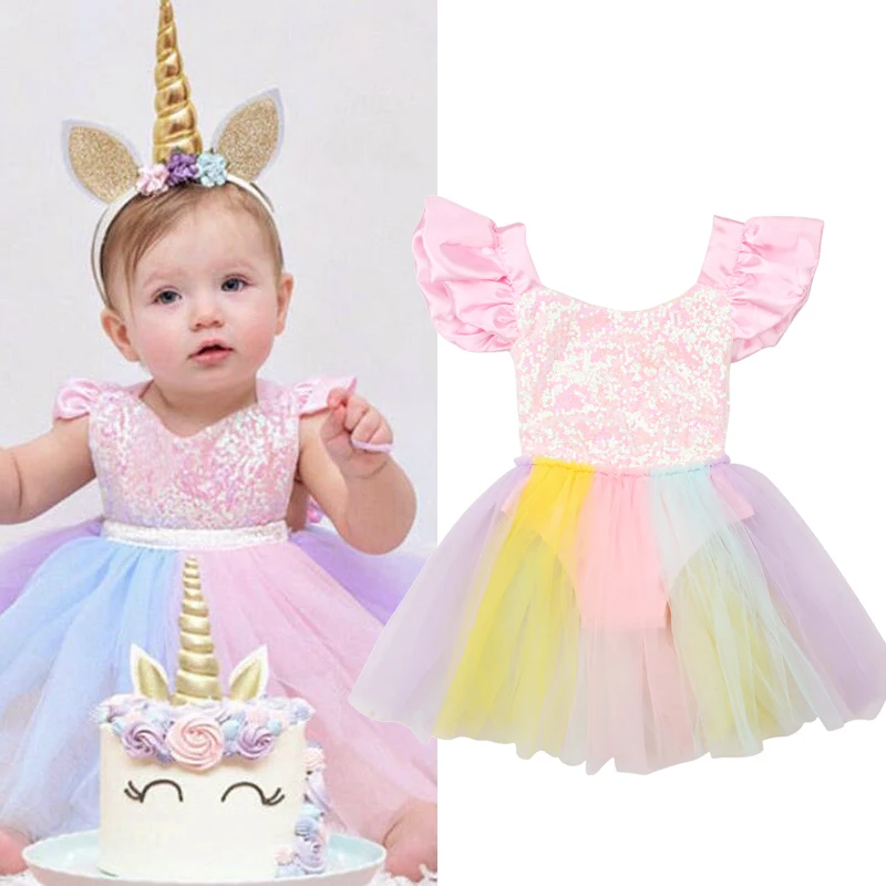 Toddler Girls Unicorn Dress Baby Girls Rainbow Colors Tulle Dress with Unicorn Lovely Kids Sundress for Unicorn Party