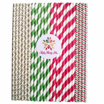 

100pcs Christmas Drinking Paper Straws Mix,Green and Red Striped,Green Red Chevron,Gold Damask,Kids Vintage Holiday Party Bulk