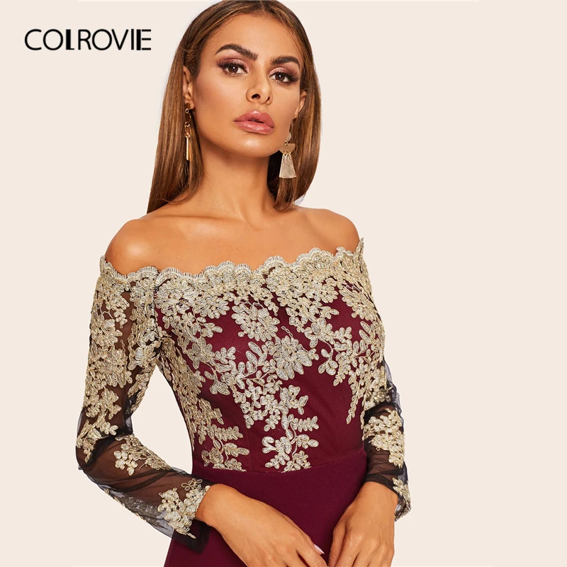 Женское кружевное мини платье COLROVIE бордовое облегающее с открытыми плечами и