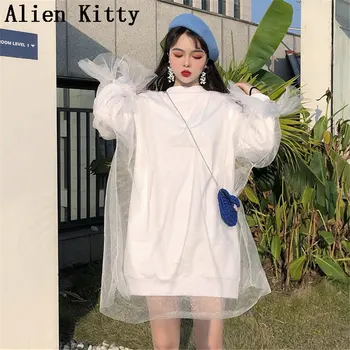 

Alien Kitty Lazy Style Mesh Flare Sleeves All-Match Free Simple Fresh Loose Casual O-Neck Thin New Sweatshirts Women Sweatshirt