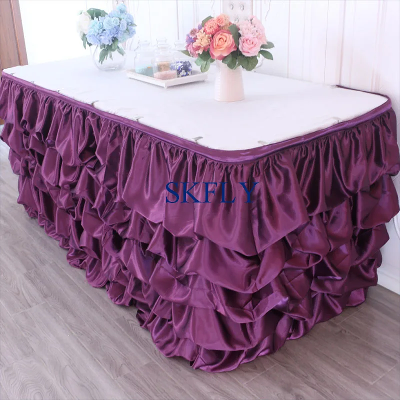

SK002D nice SKFLY good quality dark purple custom made wedding plum satin gathered ruffled bridal table skirt