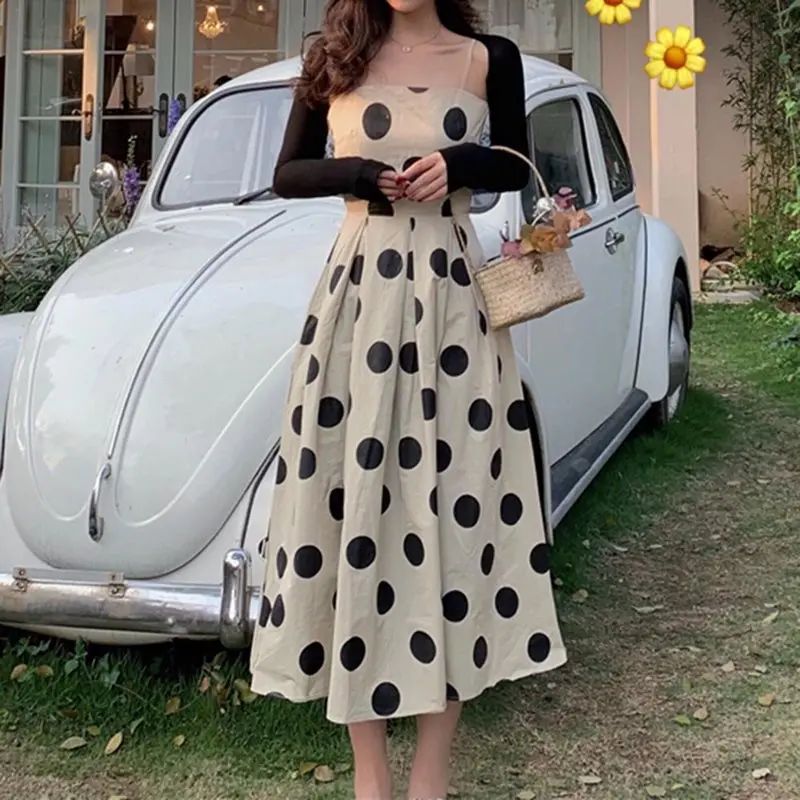 

Summer Elegant Office Ladies Korean Vintage Chic Women Dresses White Polka Dots Print Sweet Party Female Girls 90s Fashion Dress