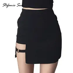 Пикантные Для женщин юбки мини асимметричный черный высокая талия женский личности вечерние юбка