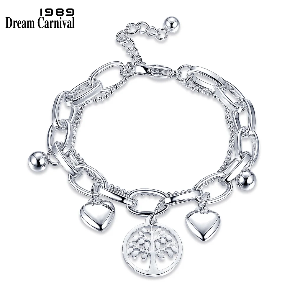DreamCarnival 1989 Fortune Tree Heart Ball Silver Color Jewelry Gift Wholesale Double Chains Stainless Steel Bracelet 2LCB-2031