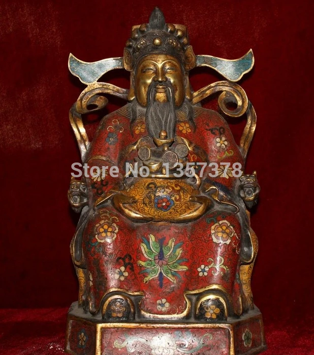 

shitou 00612 17" China Cloisonne 24K Bronze Gold Mammon Money Wealth God treasure bowl Statue