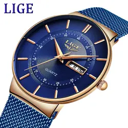 2019 LIGE новые мужские s часы лучший бренд класса люкс повседневные модные часы Мужские кварцевые наручные часы синий сетчатый ремень простые