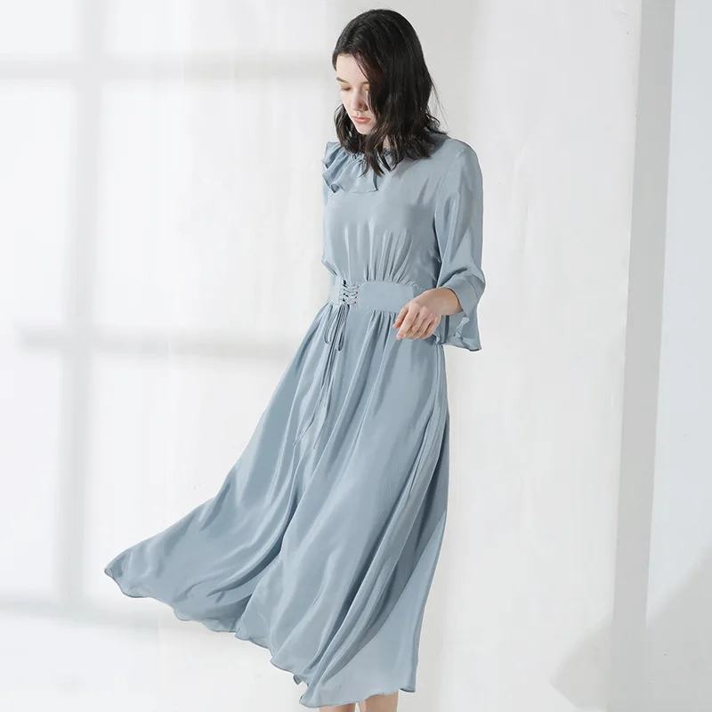 Office Lady Long Dress 100% Silk Solid O Neck Long Sleeve Maxi Dress Women Evening Party Elegant Dress Vestidos Mujer