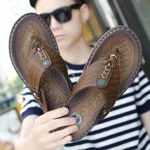 Летние пляжные мужские вьетнамки, тапки из кожи ПУ, мужские сандалии на плоской подошве, уличные резиновые Вьетнамки, пляжная обувь, мужская кожаная брендовая Новинка