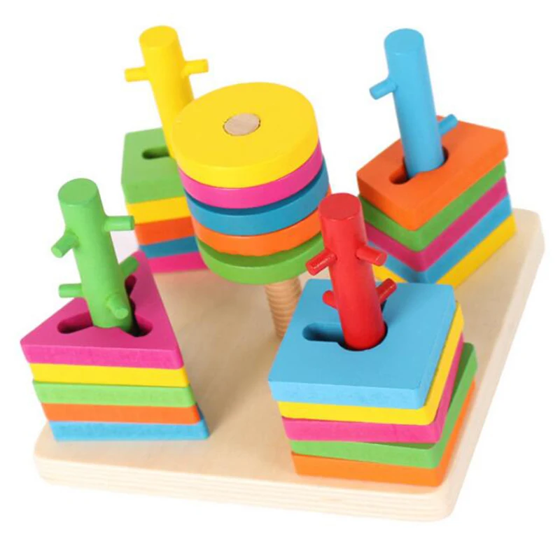 Educational Toys For Children Montessori Wooden Geometry Building Blocks Baby Early Learning Color Shape Cognitive Teaching Aids