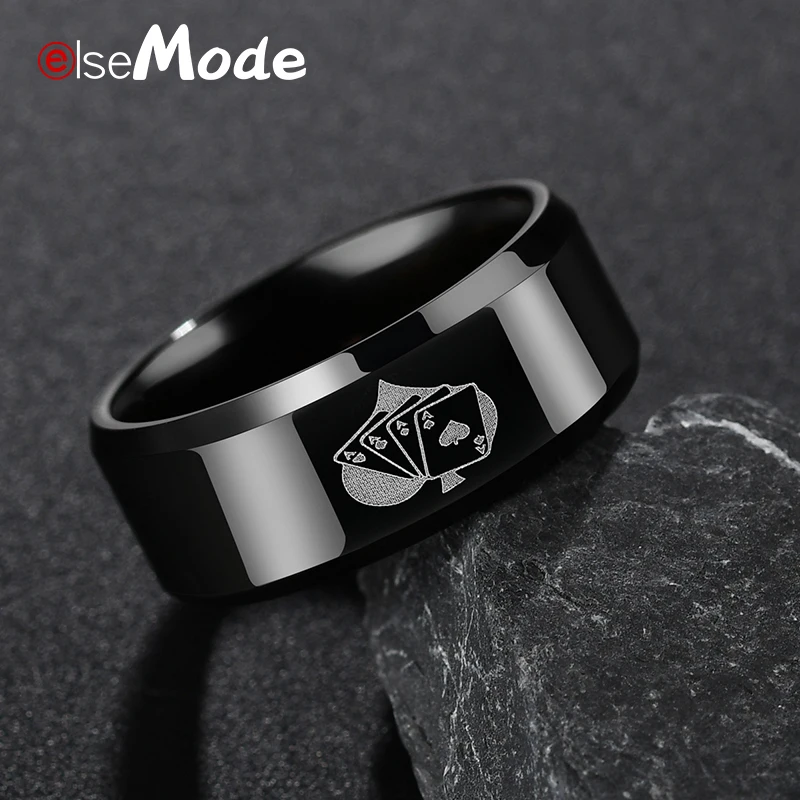 

ELSEMODE Good Lucky Show Hand Poker Engraved Men Black Ring Titanium Stainless Steel Punk Rings For Men Jewelry Gift