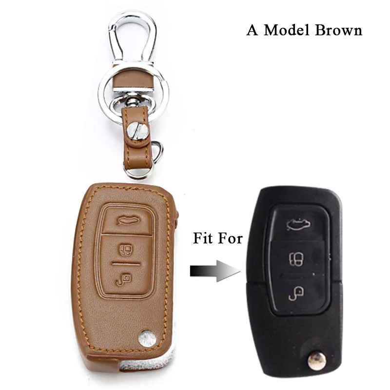 Натуральная кожа дистанционный ключ чехол оболочка для Ford Mondeo Mk3 Transit custom Fusion Edge Mondeo Mustang для Ford ключи брелок - Название цвета: A Model brown