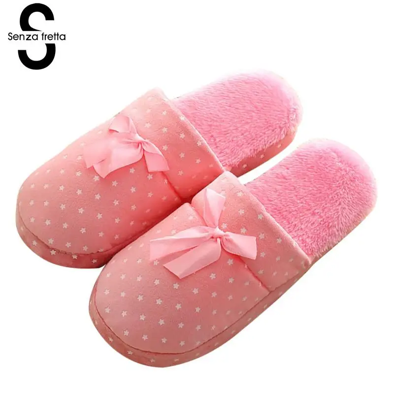 

Senza Fretta Winter Warn Plush Slippers Indoor Butterfly Cotton Soft Bottom Slippers Couple Non-slip Warm Slippers Women Shoes