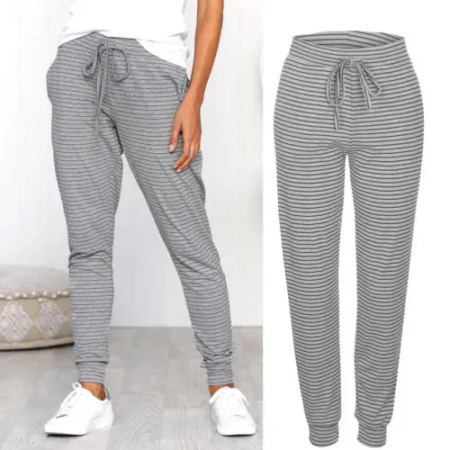 Womens Casual Sweatpants Harem Pants Baggy Slacks Striped Trousers