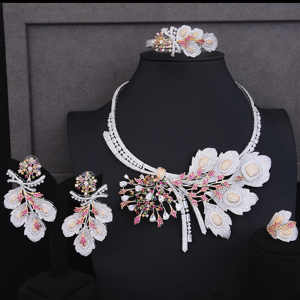 

missvikki Bridal Romantic Crystal Elegant Necklace Bangle Earrings Ring 4PCS Jewelry Set Natural Daffodil Twig for Wedding Party