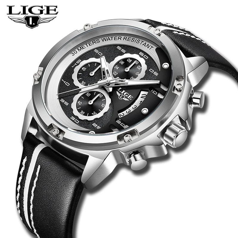 

LICE Casual Fashion Leather Sport Men Watches Top Brand Luxury Watches Waterproof Date Quartz Clock Men Watch Relogio masculino