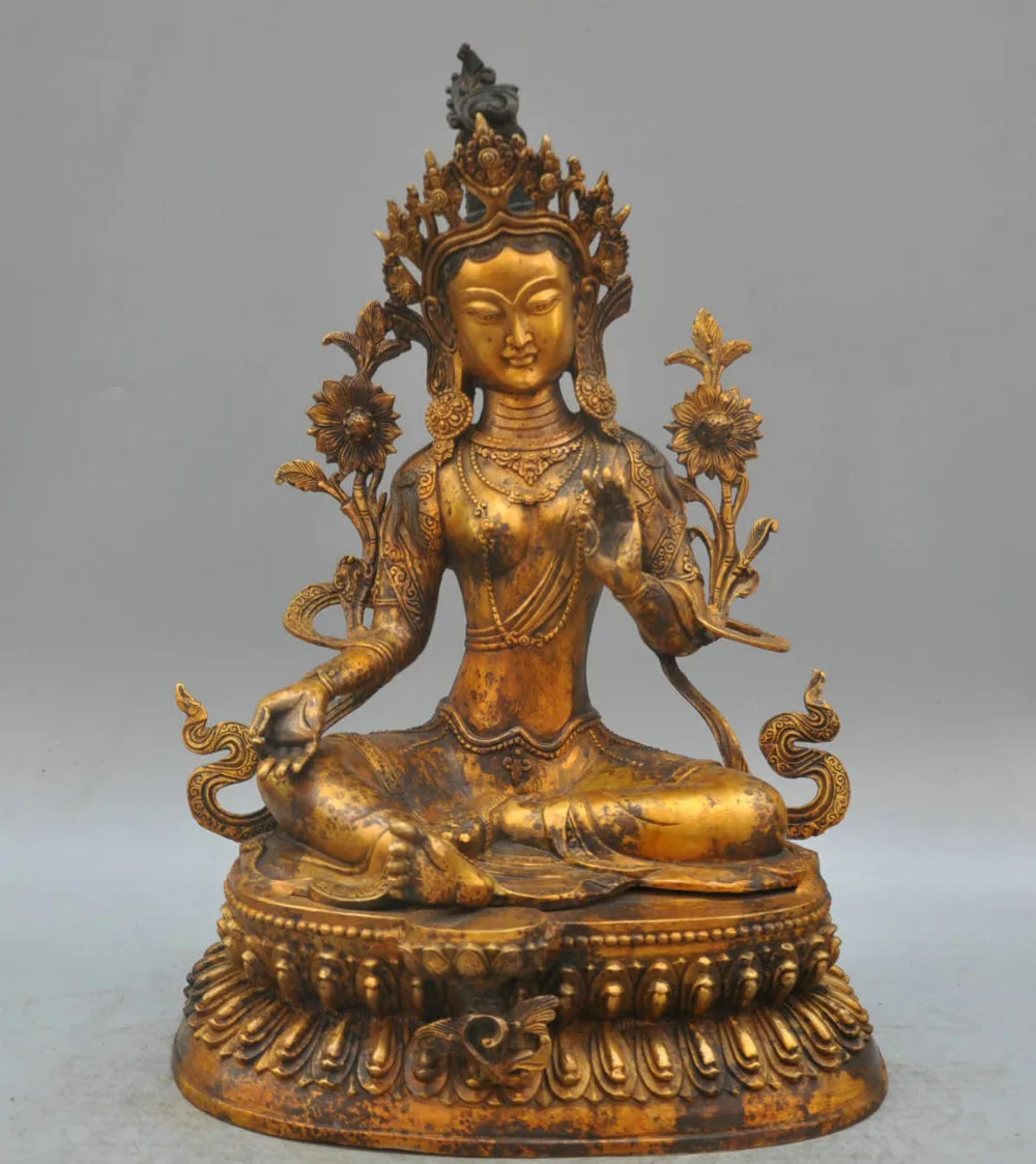 

007286 18'' China Tibet Green Tara Buddha Goddess Bronze Statue