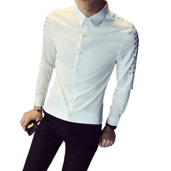 

Hot Sale Korean Tuxedo Designer Slim Fit Shirt Men Casual Rivets Long Sleeve All Match Streetwear Prom Dress Shirts Male
