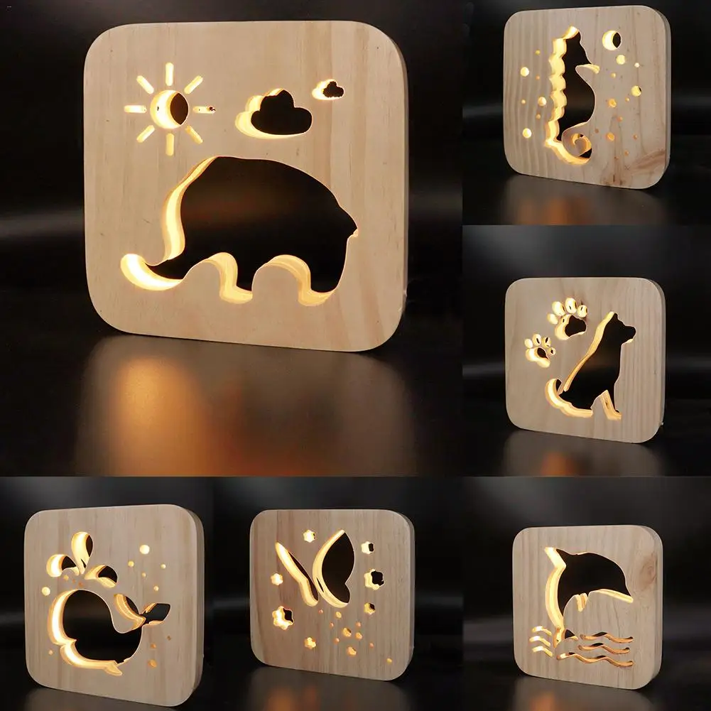 

Wooden Desk Night Lamp USB Power Supply Animal Night Light Dog Elephant Whale Seahorse Butterfly Bedroom Decorative Lamps