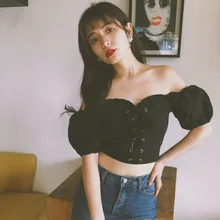 Сексуальная Женская футболка с открытыми плечами и шнуровкой пуловер с коротким рукавом бандажный укороченный топ с пышными рукавами облегающие Клубные короткие футболки