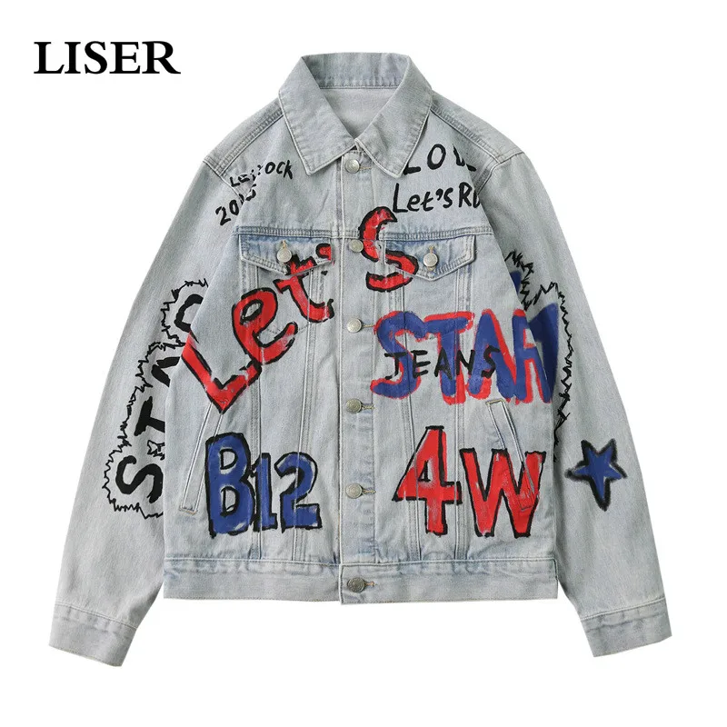 

LISER 2019 Spring Mens Casual Denim Jacket Loose Oversized Jeans Jacket Men Plus Size Letter Doodle Streetwear Harajuku Jackets
