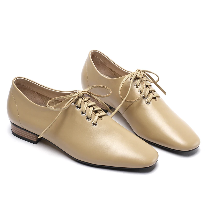 Printemps Beige Croix Talons Femmes Chaussures 2019 Carré Nouveau En noir Liée Mode Véritable Isnom Bas apricot Femme Cuir Bout Pompes q644T7