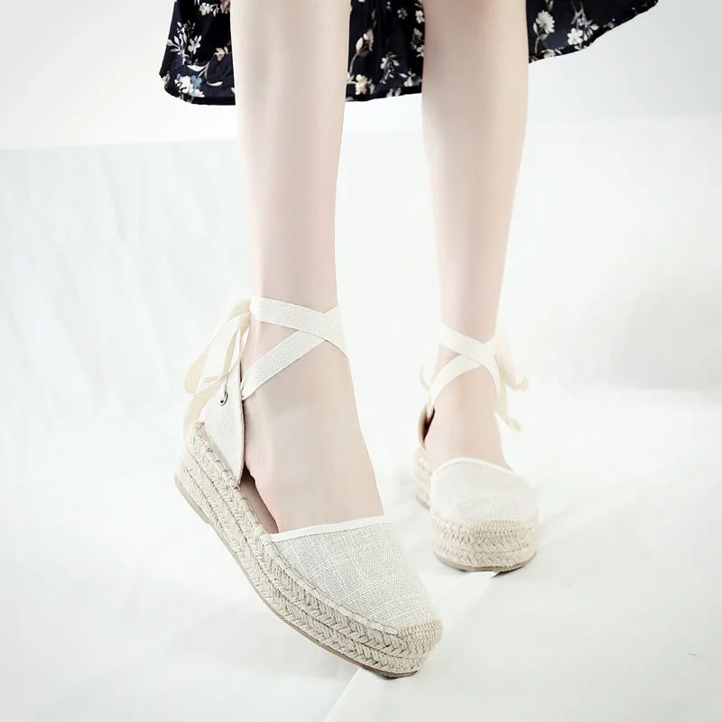 Summer Black Striped Wedge Espadrilles Women Sandals Closed Toe Lace Gladiator Sandal Women Casual Lace Up Women Platform Sandal (7)
